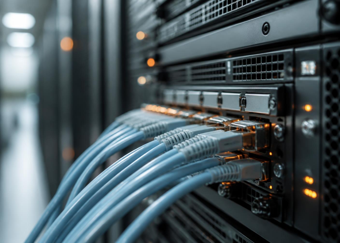 Close-up of network cabling connected to a rack-mounted server with orange status indicators