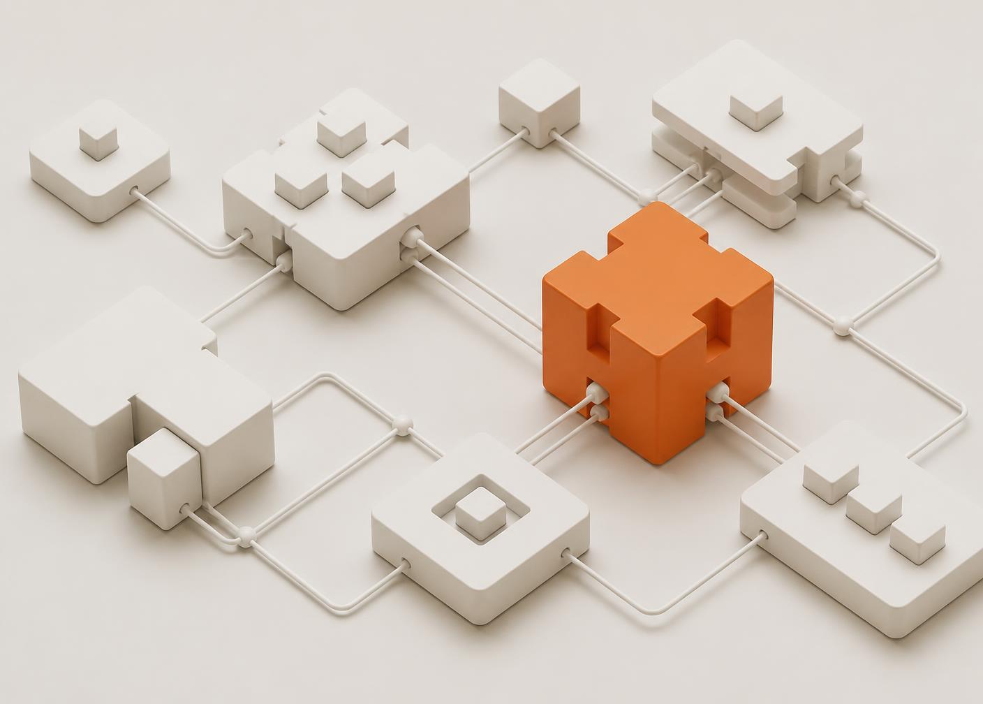 Abstract three-dimensional render of interlocking white modules connected by cables around a single orange module