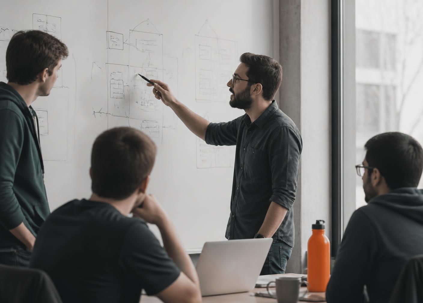 Software engineers discussing architecture diagrams drawn on a whiteboard in a meeting room