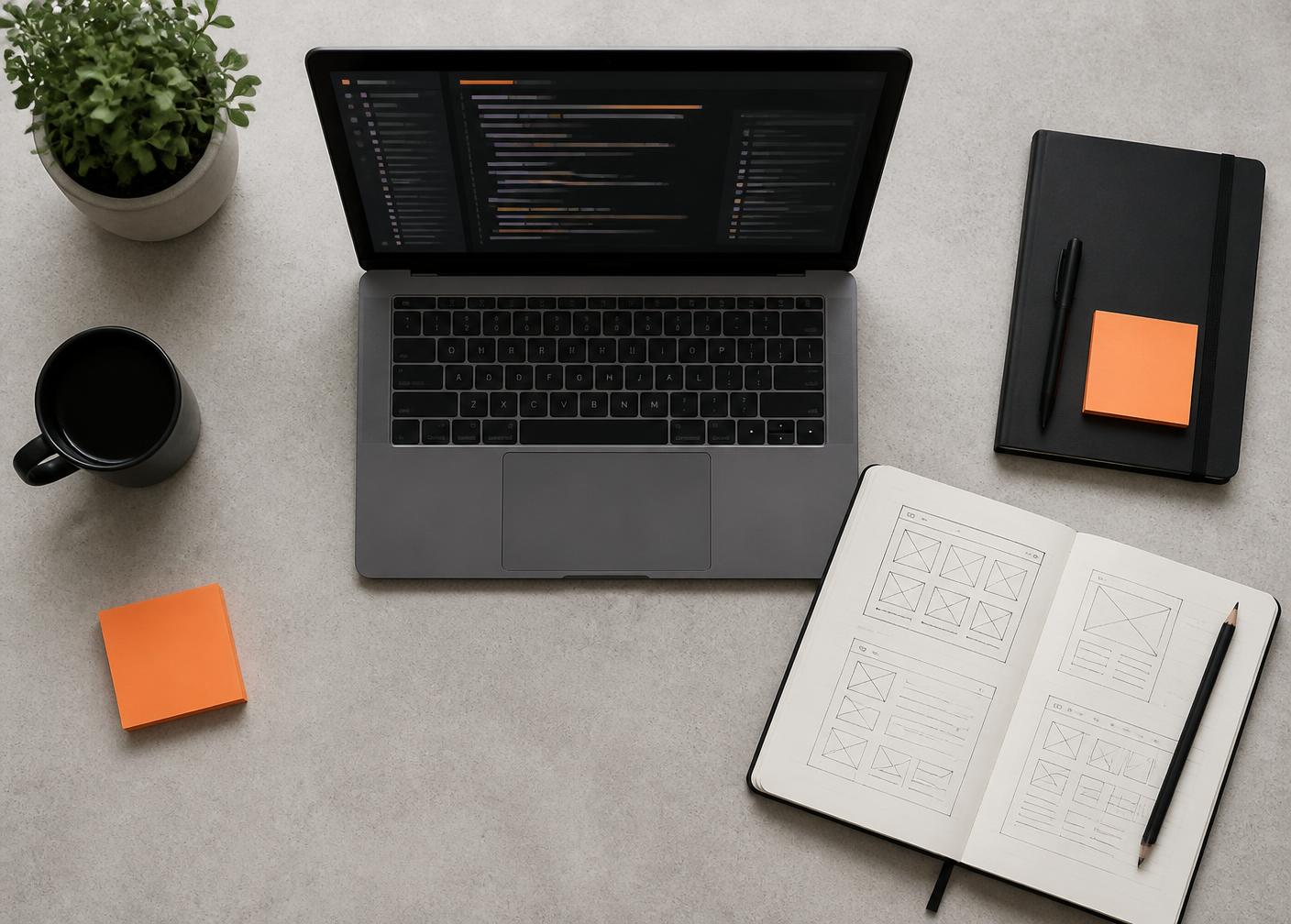 Overhead view of a developer workstation with a laptop showing code, a notebook of interface wireframes and an orange sticky note